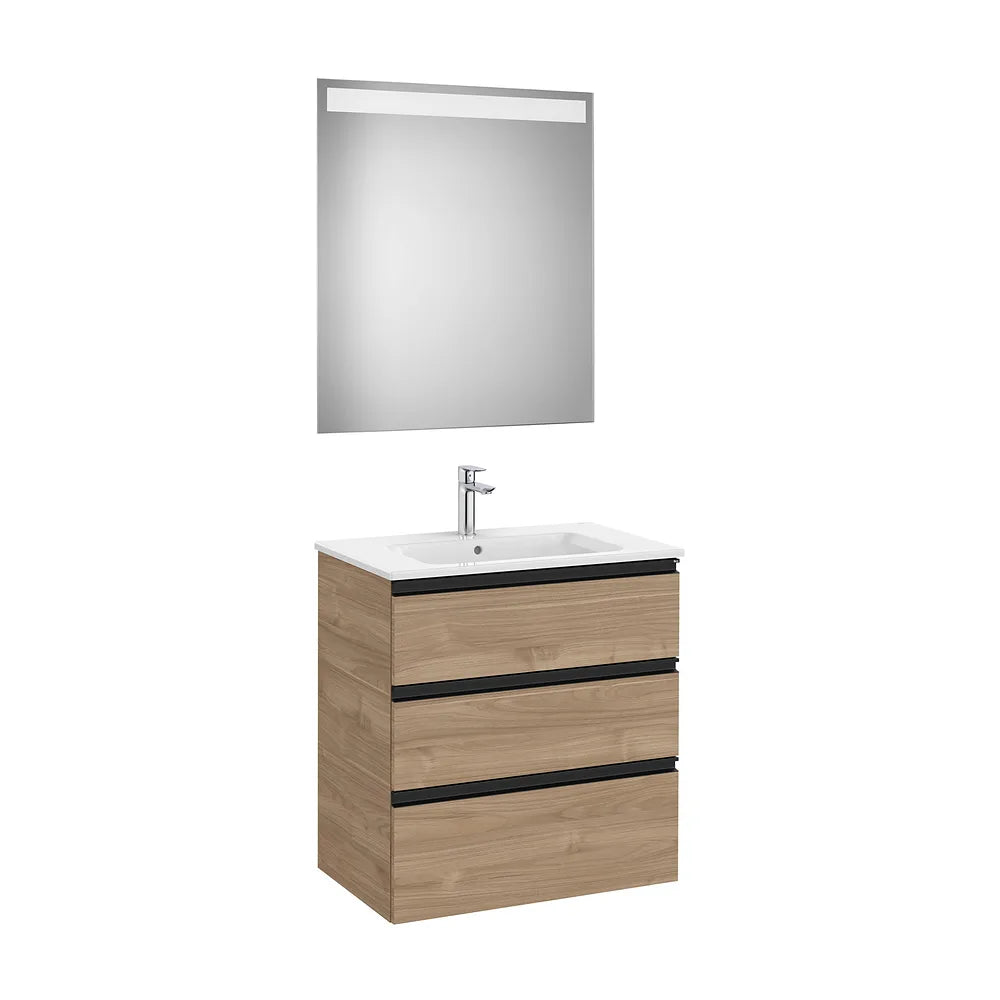 Pack mueble base tres cajones lavabo centrado espejo LED 70x46x76 cm Nogal Roca - Vista 2