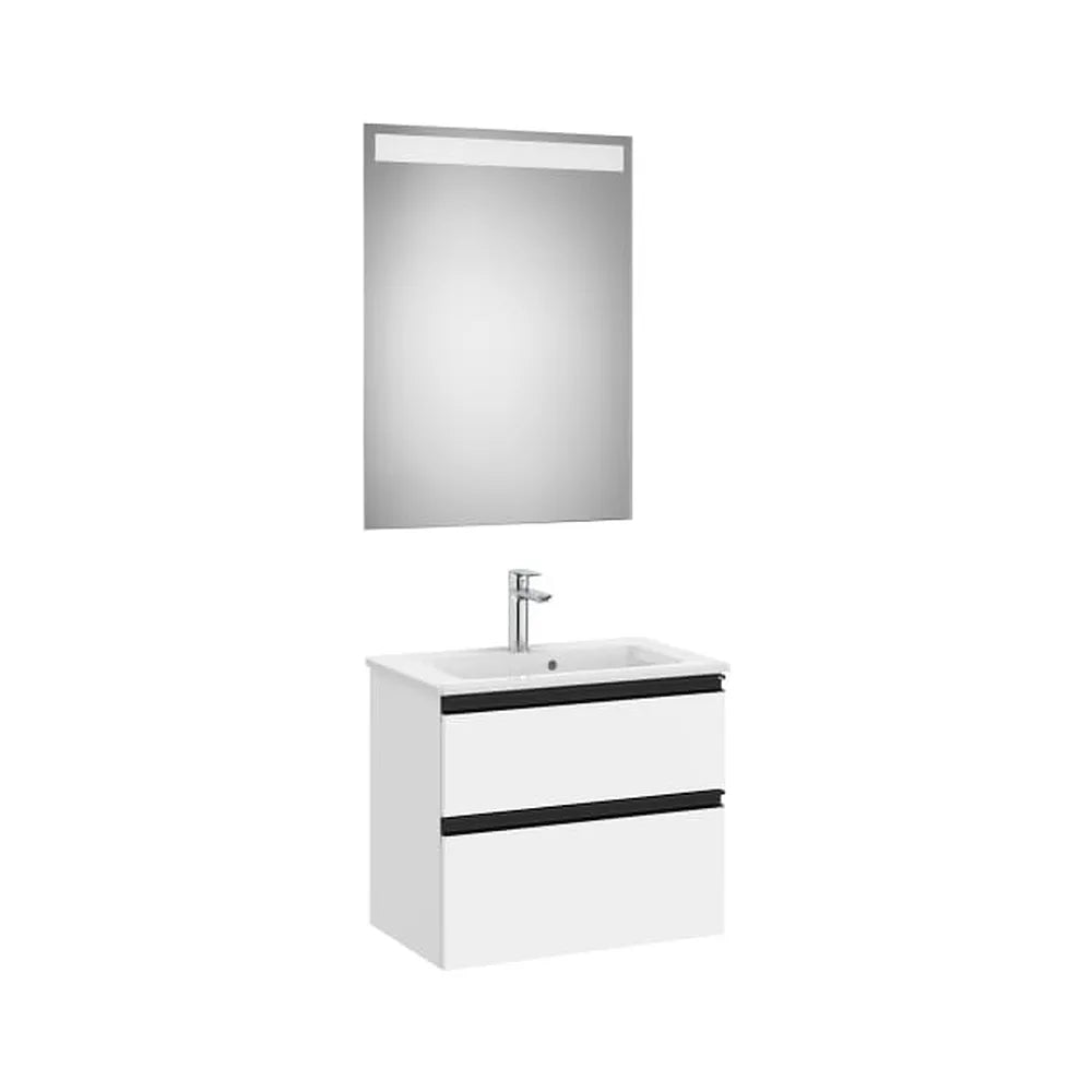 Pack mueble base compacto dos cajones lavabo centrado espejo LED 60x38x54 cm Roca - Vista 1