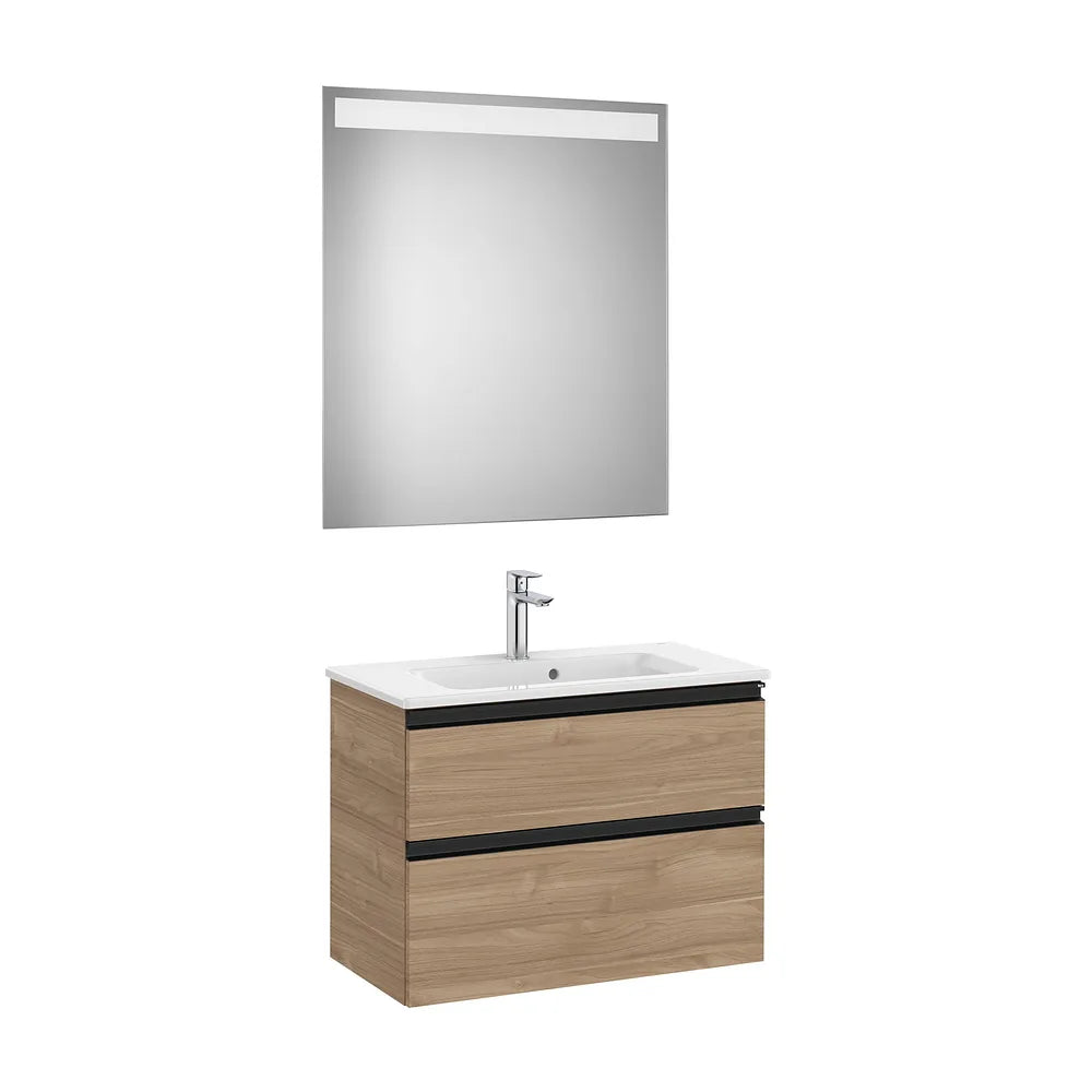 Pack mueble base compacto dos cajones lavabo centrado espejo LED 70x80 cm Roca - Vista 2