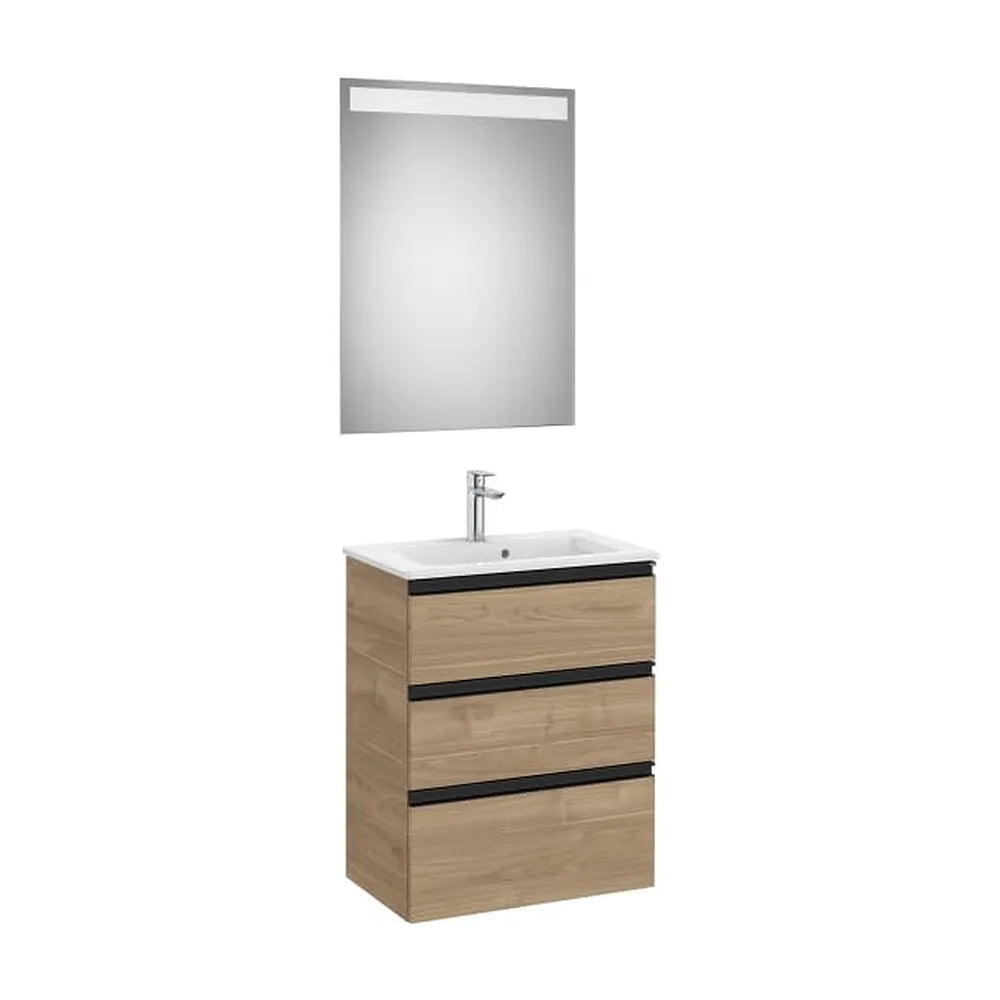 Pack mueble base tres cajones para dos lavabos sobre encimera espejo LED Eidos Roca - Vista 1