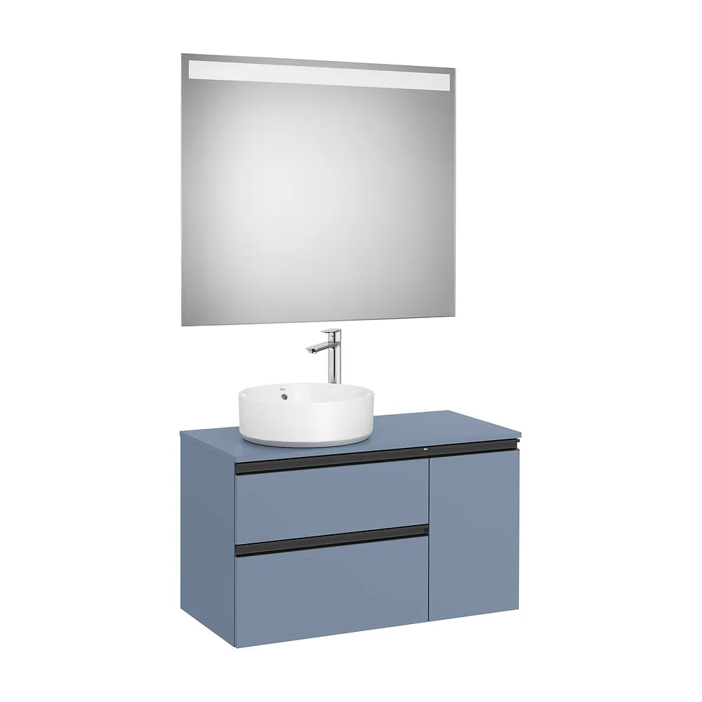 Pack mueble base asimétrico dos cajones puerta lavabo sobre encimera izquierda espejo LED 90x46x54 cm Roca - Vista 2