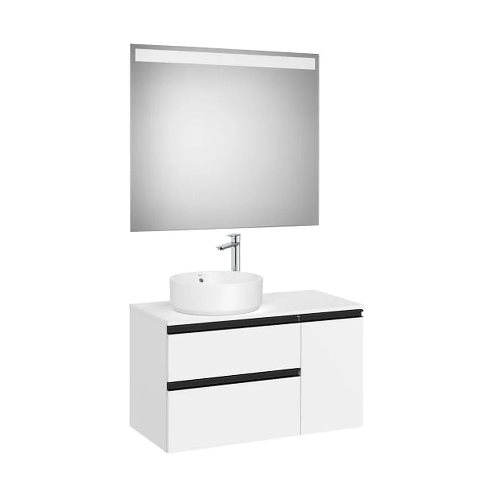 Mueble Base Asimétrico 2 Cajones Una Puerta Lavabo Sobre Encimera Izquierda Espejo Led Colección The Gap Roca - Vista 1
