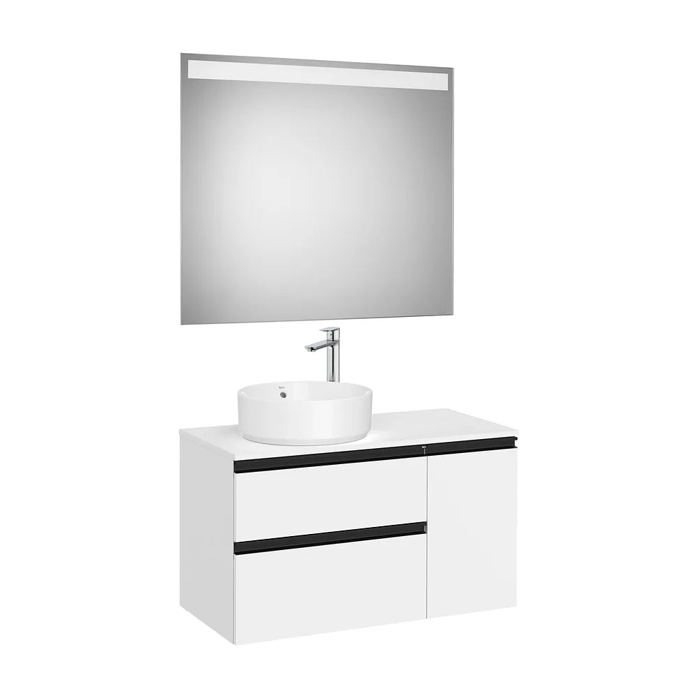 Mueble Base Asimétrico 2 Cajones Una Puerta Lavabo Sobre Encimera Izquierda Espejo Led Colección The Gap Roca - Vista 2