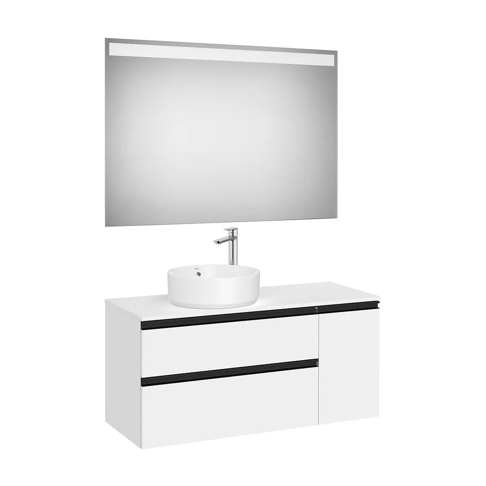 Pack mueble base asimétrico dos cajones una puerta lavabo sobre encimera izquierda espejo LED Eidos Roca - Vista 2