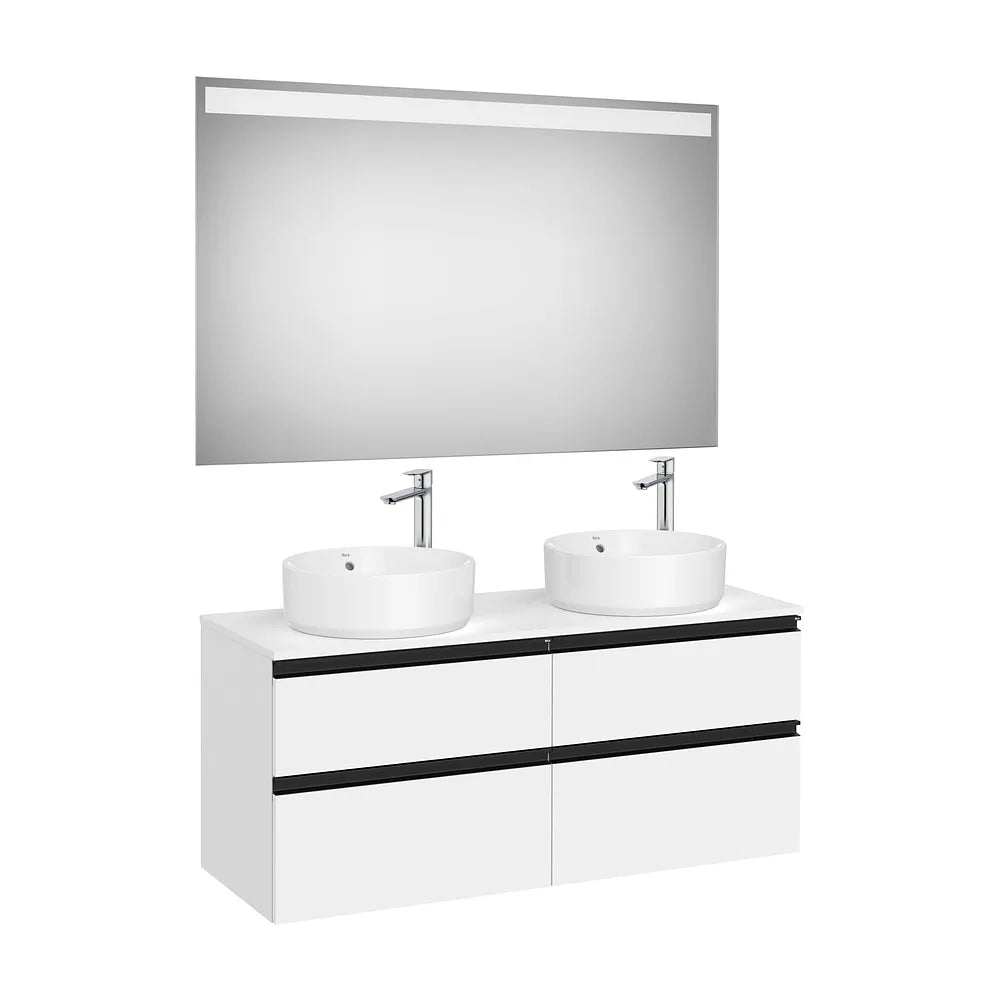 Pack mueble base cuatro cajones para dos lavabos sobre encimera con espejo LED Roca - Vista 2
