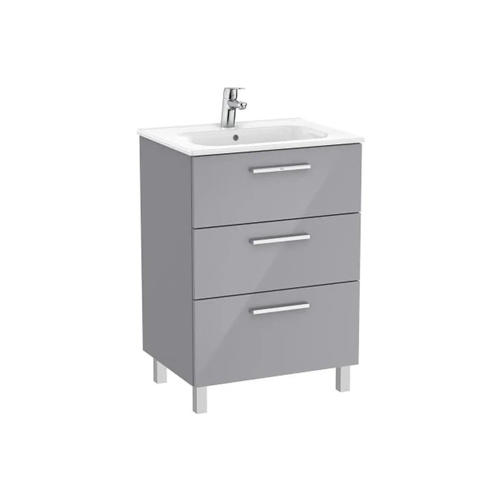 Mueble base suspendido con tres cajones y lavabo porcelana gris brillo 60x45x74 cm Roca - Vista 1