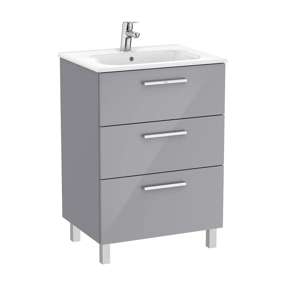 Mueble base suspendido con tres cajones y lavabo porcelana gris brillo 60x45x74 cm Roca - Vista 2