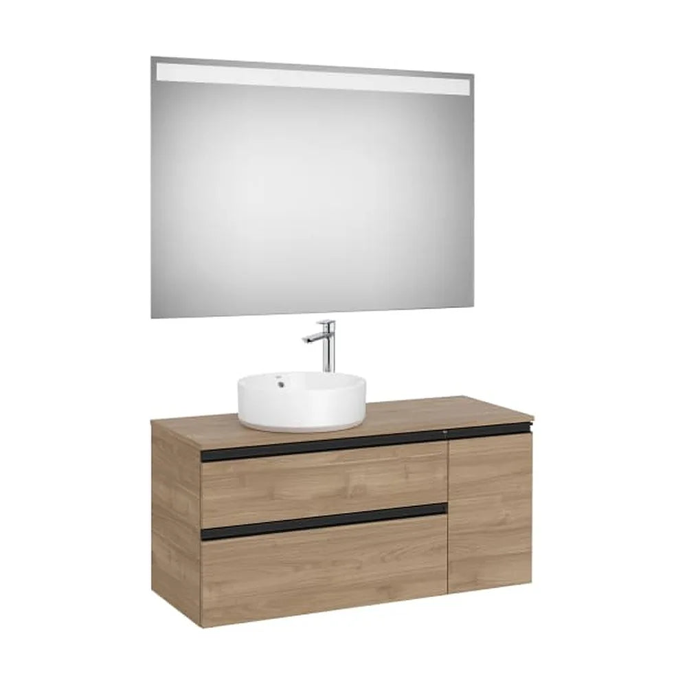 Pack mueble base asimétrico dos cajones una puerta lavabo sobre encimera izquierda espejo LED Eidos Roca - Vista 1