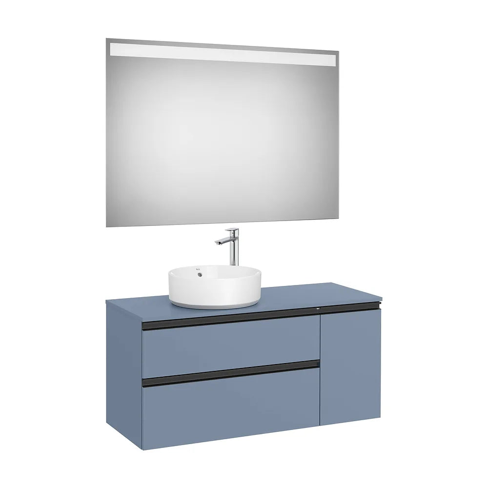 Pack mueble base asimétrico dos cajones una puerta lavabo sobre encimera izquierda espejo LED Eidos Roca - Vista 2