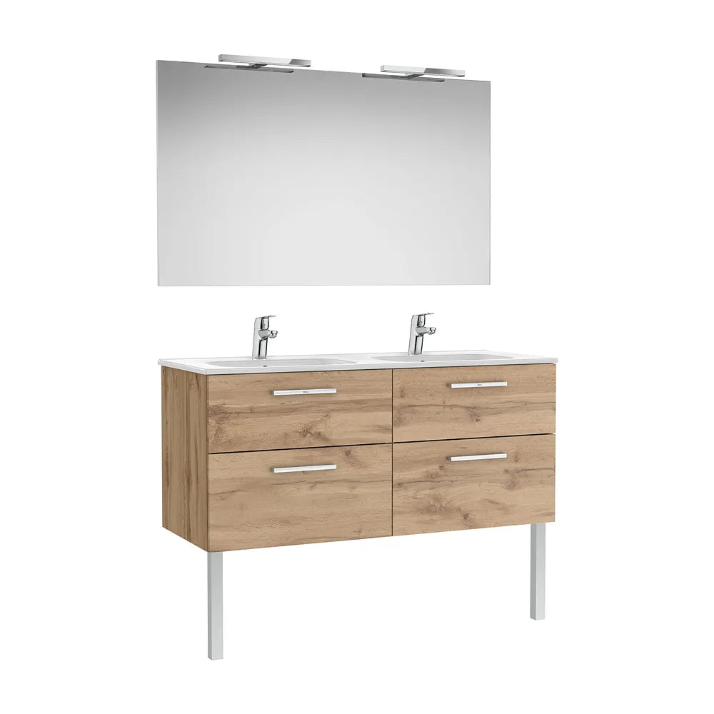 Pack mueble base cuatro cajones lavabo doble espejo dos apliques LED nogal Roca - Vista 2