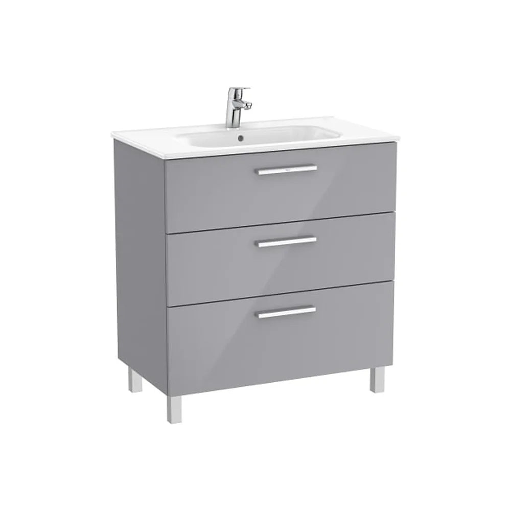 Mueble base suspendido con tres cajones y lavabo porcelana gris brillo 80x45x74 cm Roca - Vista 1