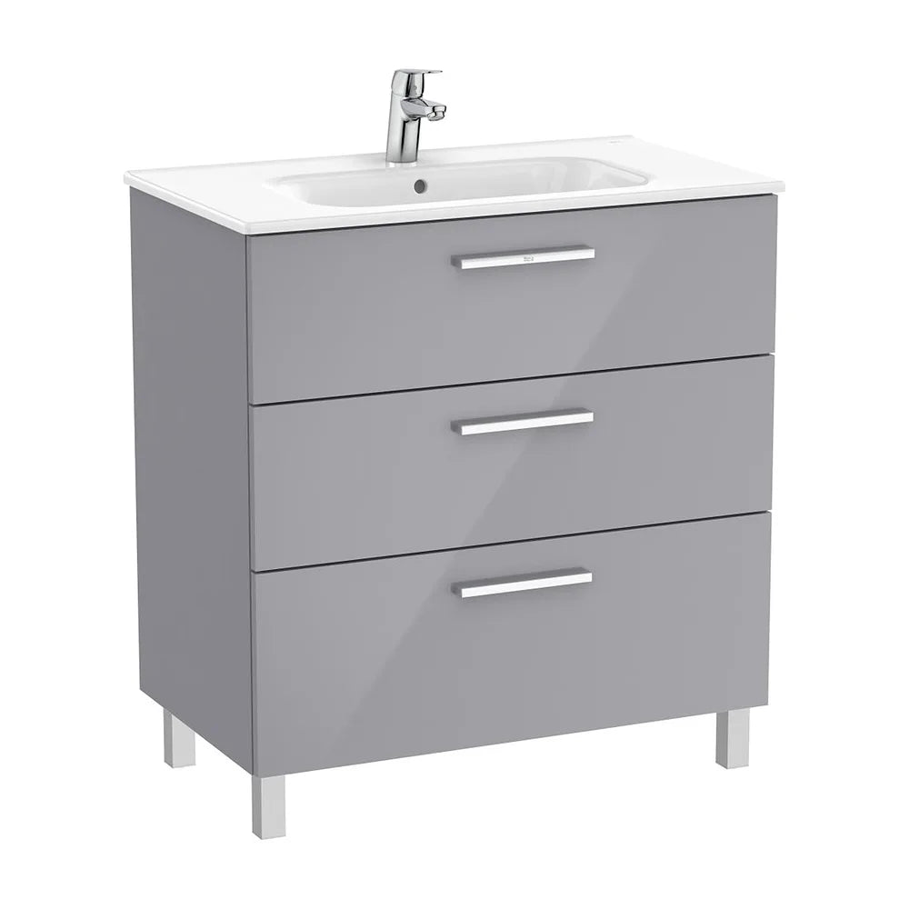 Mueble base suspendido con tres cajones y lavabo porcelana gris brillo 80x45x74 cm Roca - Vista 2