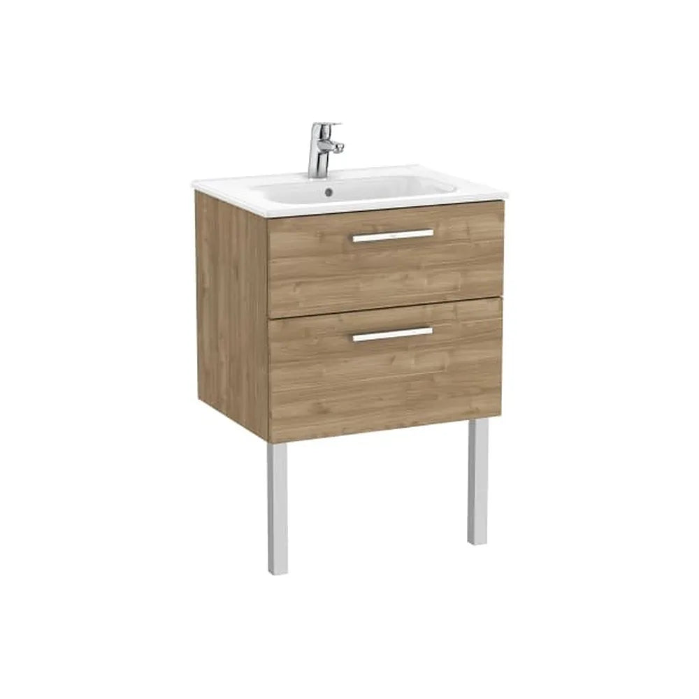 Mueble base suspendido dos cajones con lavabo porcelana nogal 60x45x52 cm Roca - Vista 1