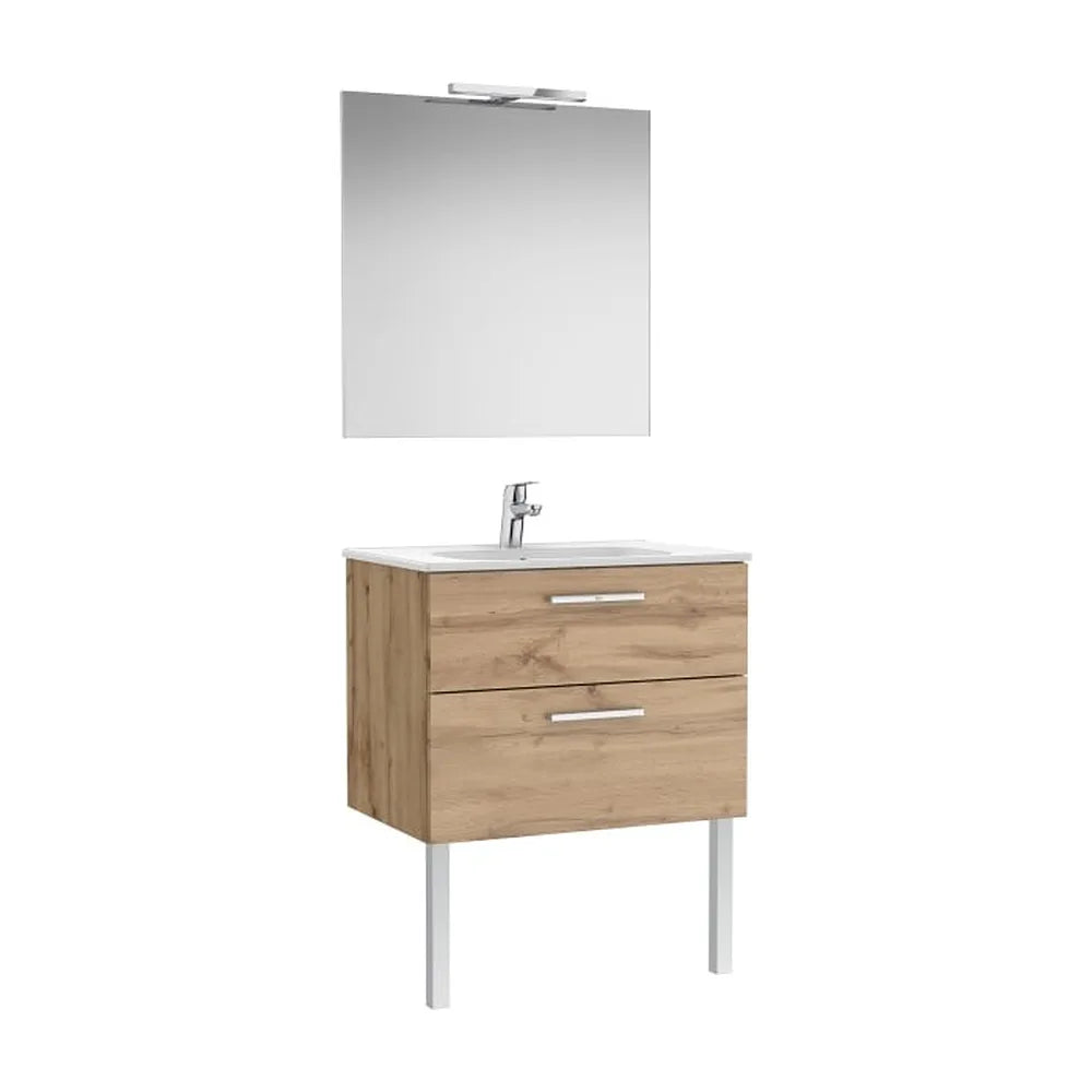 Pack mueble base dos cajones lavabo porcelana espejo aplique LED 705x45x51 cm Roca - Vista 1