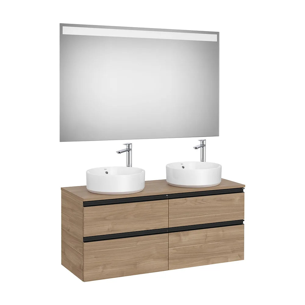 Pack mueble base cuatro cajones para dos lavabos sobre encimera espejo LED 120x46x53 cm Roca - Vista 2