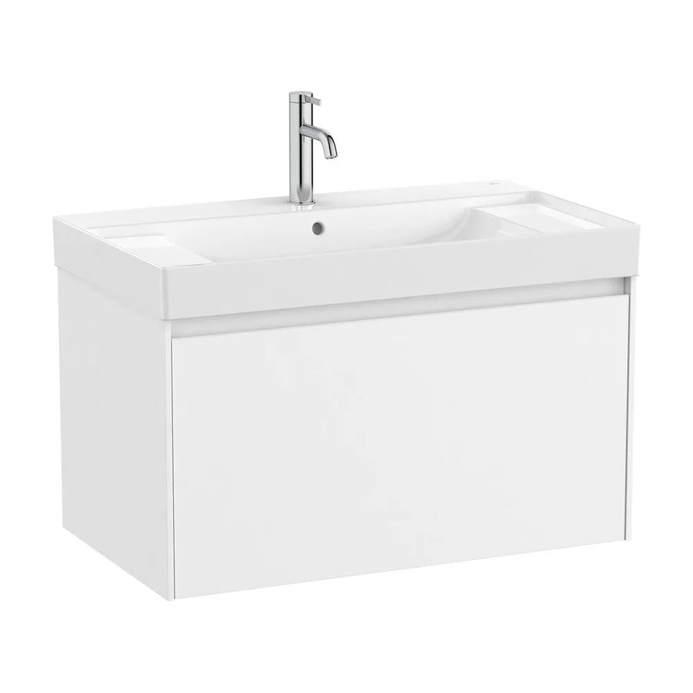 Mueble base suspendido con cajón y lavabo centrado Fineceramic blanco mate 80x46x50 cm Roca - Vista 2
