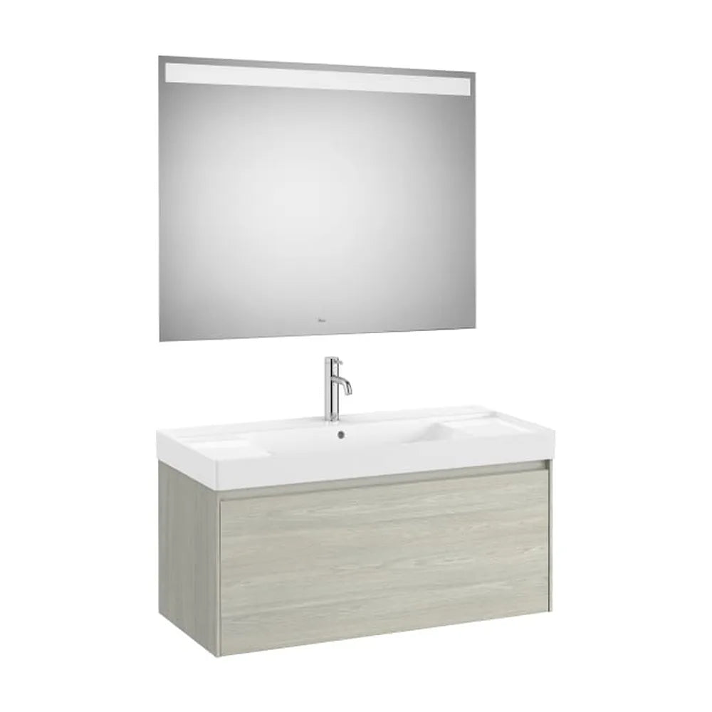 Pack mueble base un cajón lavabo Fineceramic espejo LED Eidos 100x46x50 cm Roca - Vista 1