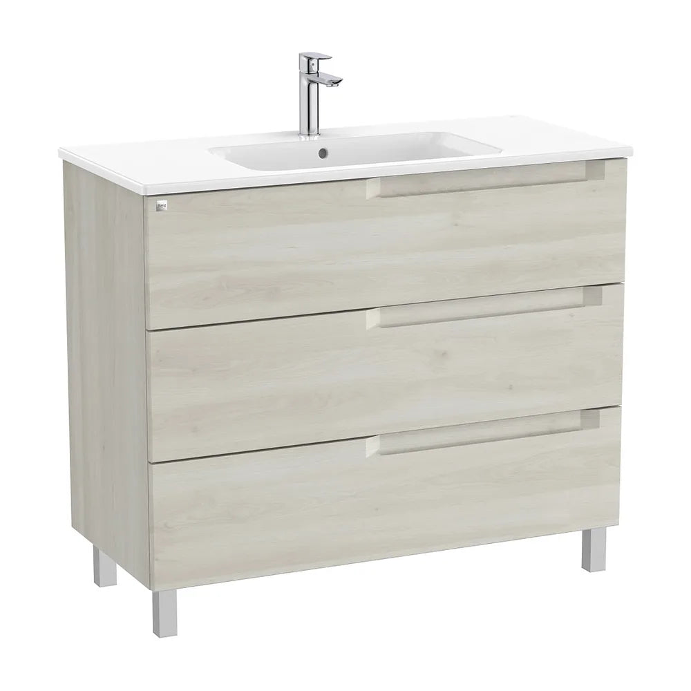 Mueble base suspendido con tres cajones lavabo centrado y espejo con luz led Roca - Vista 2