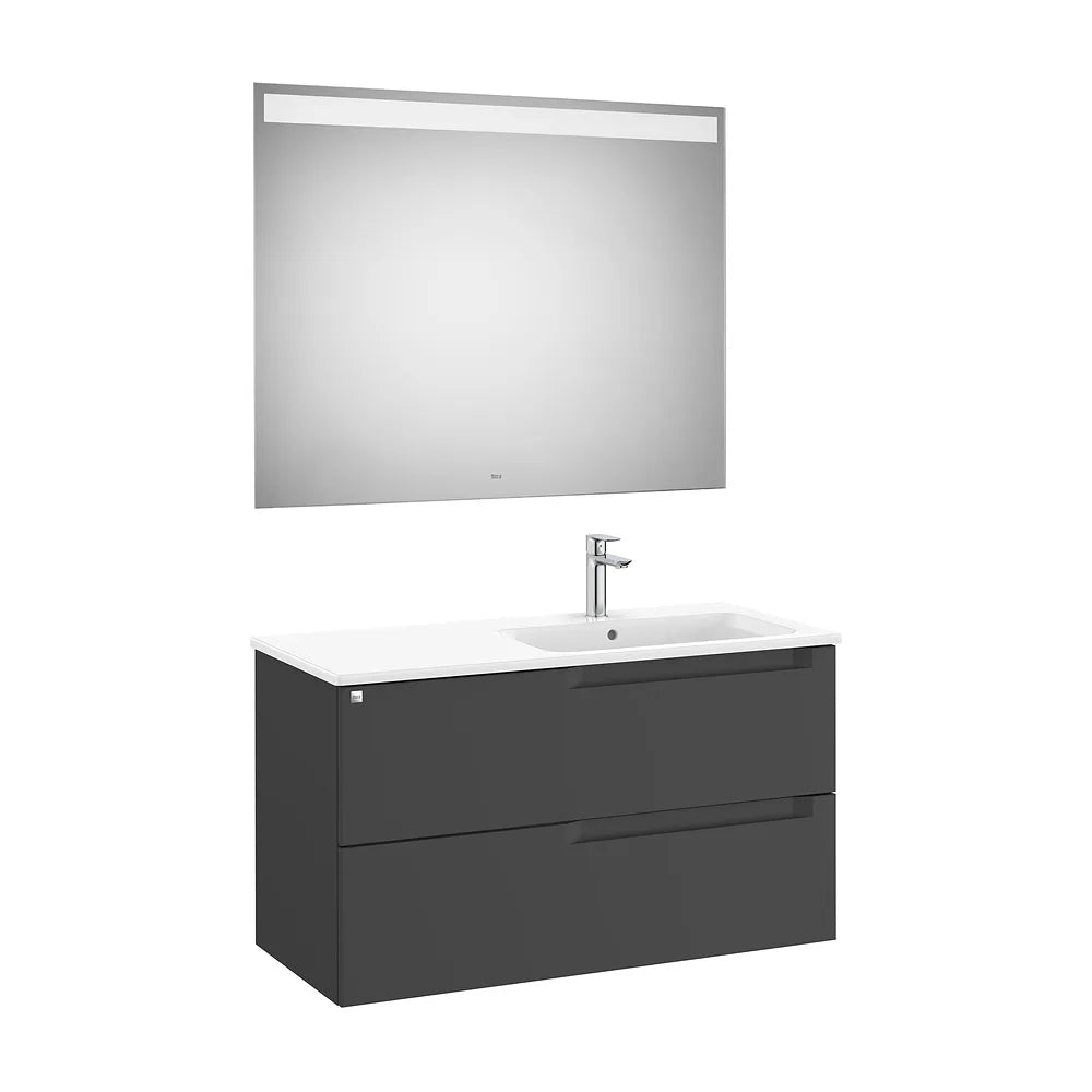 Pack mueble base dos cajones lavabo asimétrico derecha espejo luz LED 100x46x56 cm Roca - Vista 2