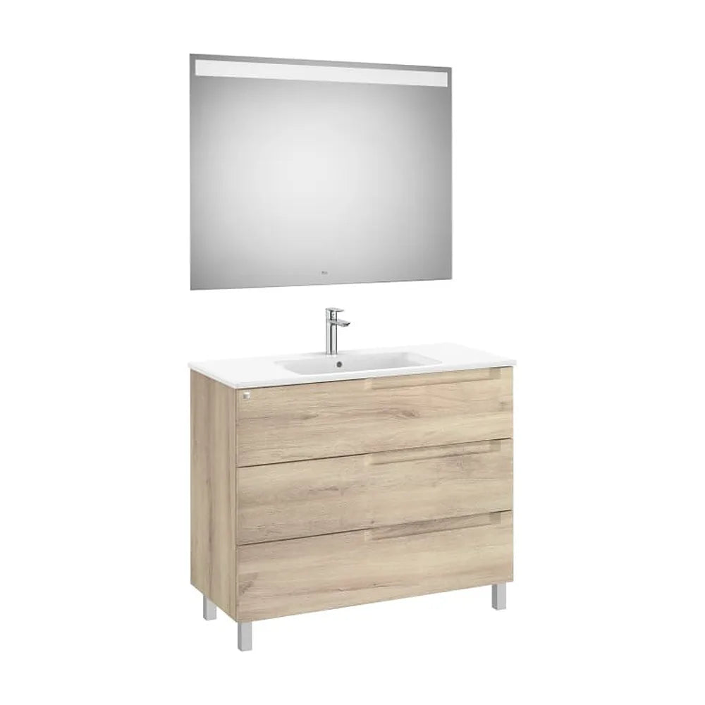 Pack mueble base tres cajones lavabo centrado espejo luz LED 100x46x74 cm Roca - Vista 1