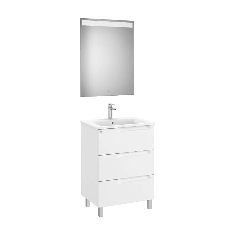 Pack mueble base tres cajones lavabo centrado espejo luz LED 60x46x85 cm Roca - Vista 1