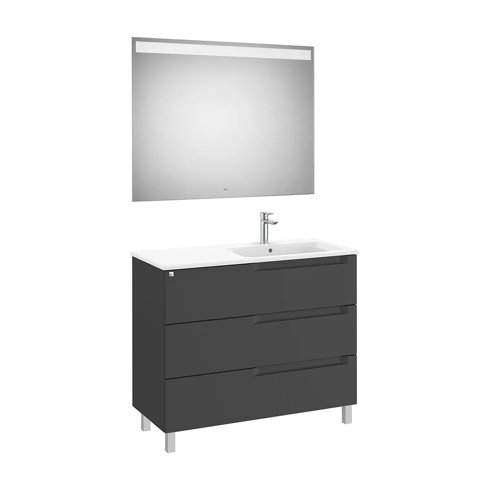 Pack mueble base tres cajones con patas lavabo asimétrico derecha y espejo luz LED 100x46x85 cm Roca - Vista 2