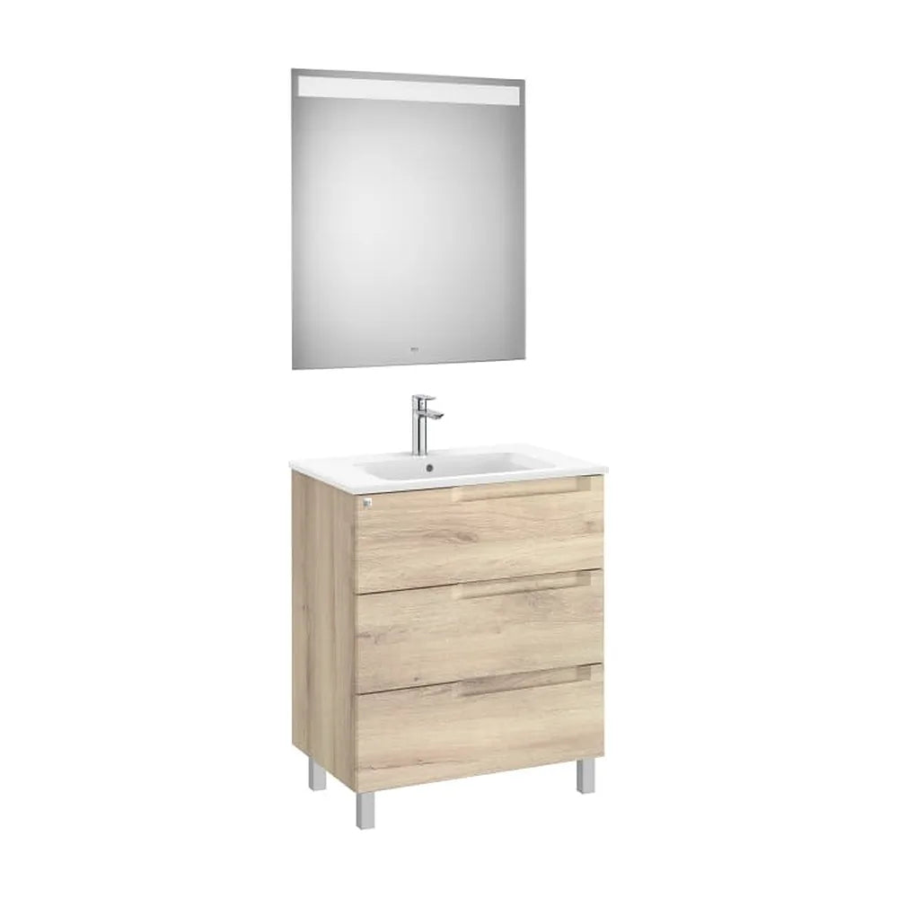 Pack mueble base tres cajones lavabo centrado espejo luz LED beige madera Roca - Vista 1