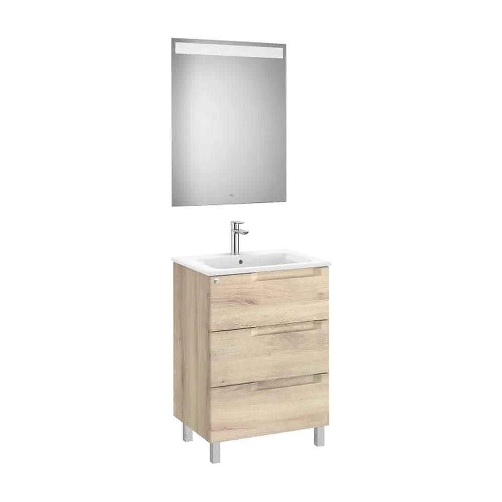 Pack mueble base tres cajones lavabo centrado espejo luz LED 60x46x85 cm Roca - Vista 1