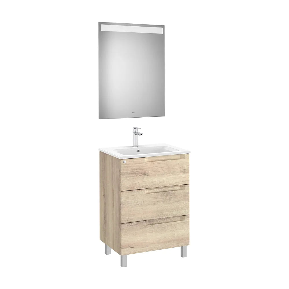 Pack mueble base tres cajones lavabo centrado espejo luz LED 60x46x85 cm Roca - Vista 2