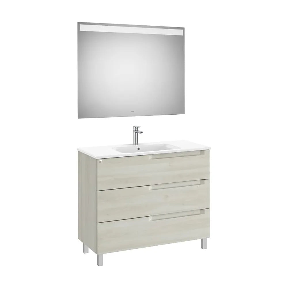 Pack mueble base tres cajones lavabo centrado espejo luz LED 100x46x74 cm Roca - Vista 1