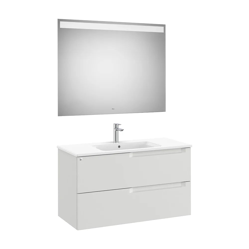 Pack mueble base dos cajones lavabo centrado espejo luz LED 100x46x56 cm Roca - Vista 2