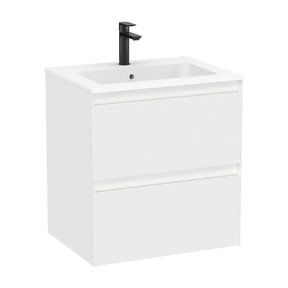 Mueble base suspendido con dos cajones y lavabo cuadrado Stonex blanco mate Roca - Vista 2