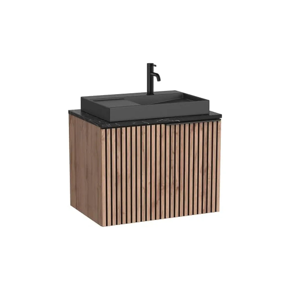 Mueble base suspendido con un cajón encimera marmoleada negra lavabo sobre encimera con orificio Roca - Vista 1
