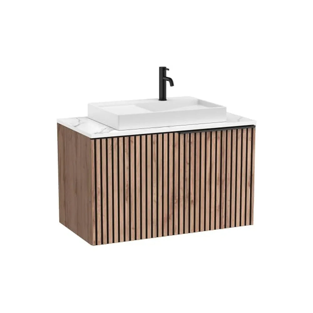 Mueble base suspendido con cajón encimera marmoleada y lavabo sobre encimera 91x49x56 cm Roca - Vista 1
