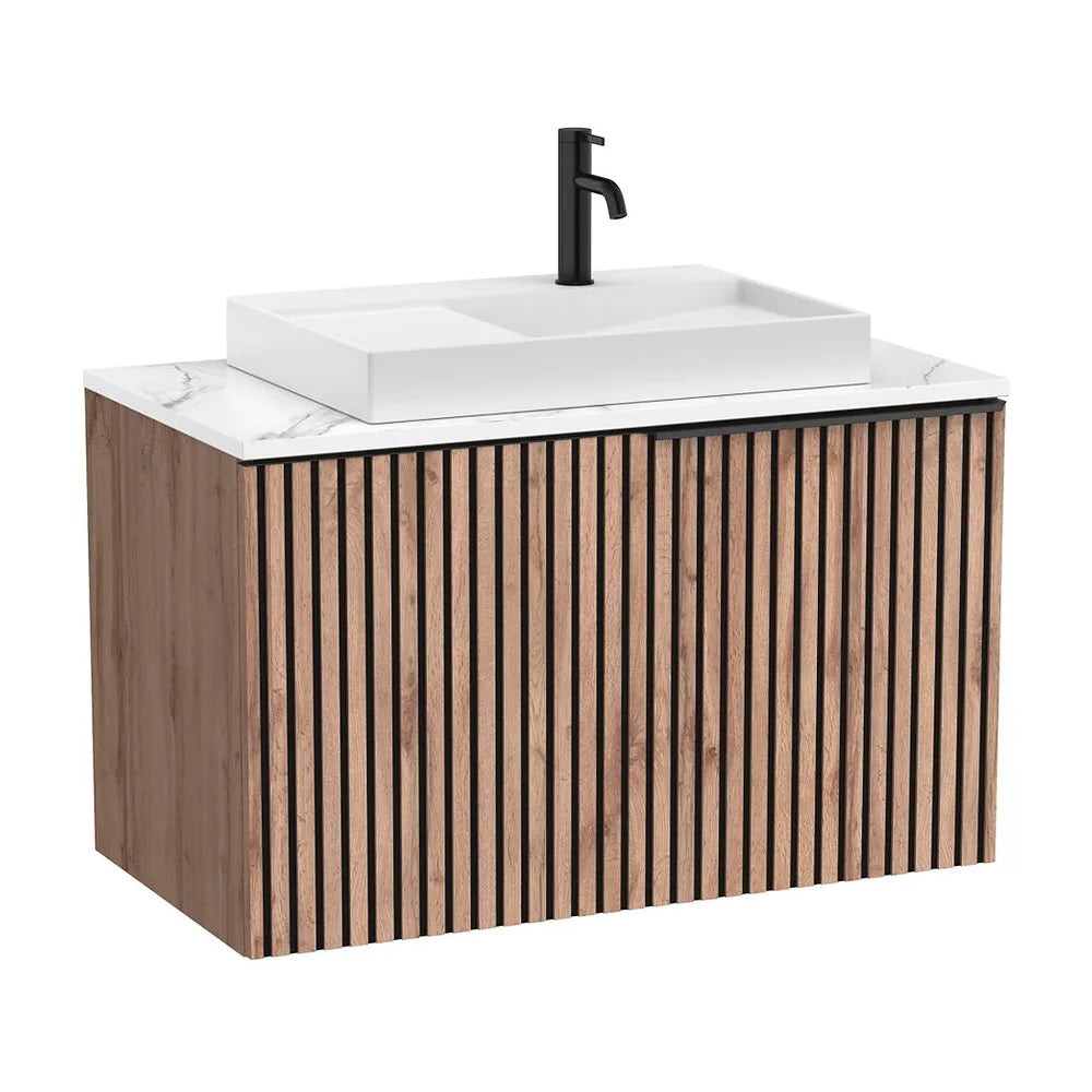Mueble base suspendido con cajón encimera marmoleada y lavabo sobre encimera 91x49x56 cm Roca - Vista 2