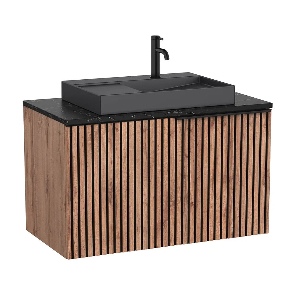 Mueble Base Suspendido con Cajón Encimera Marmoleada Negra y Lavabo Sobre Encimera Roca - Vista 2