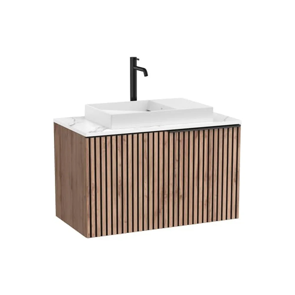 Mueble base suspendido con cajón encimera marmoleada y lavabo sobre encimera sin orificio Roca - Vista 1