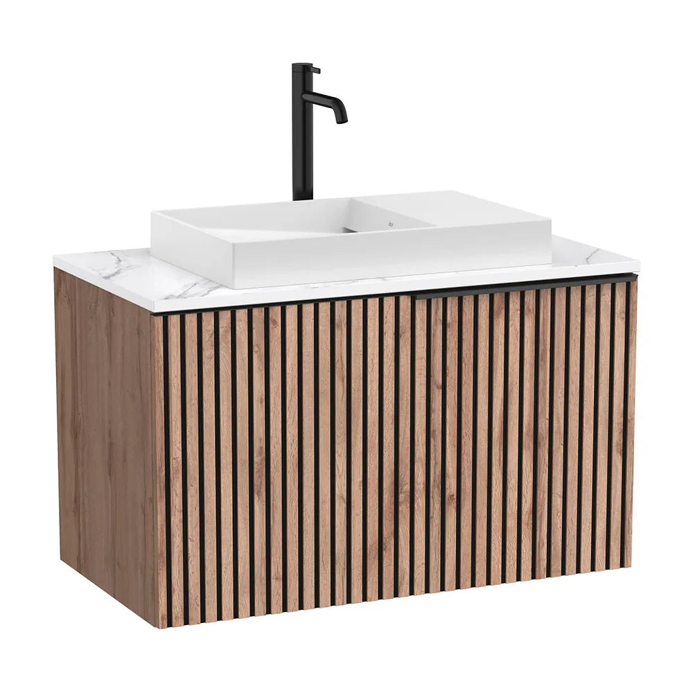 Mueble base suspendido con cajón encimera marmoleada y lavabo sobre encimera sin orificio Roca - Vista 2