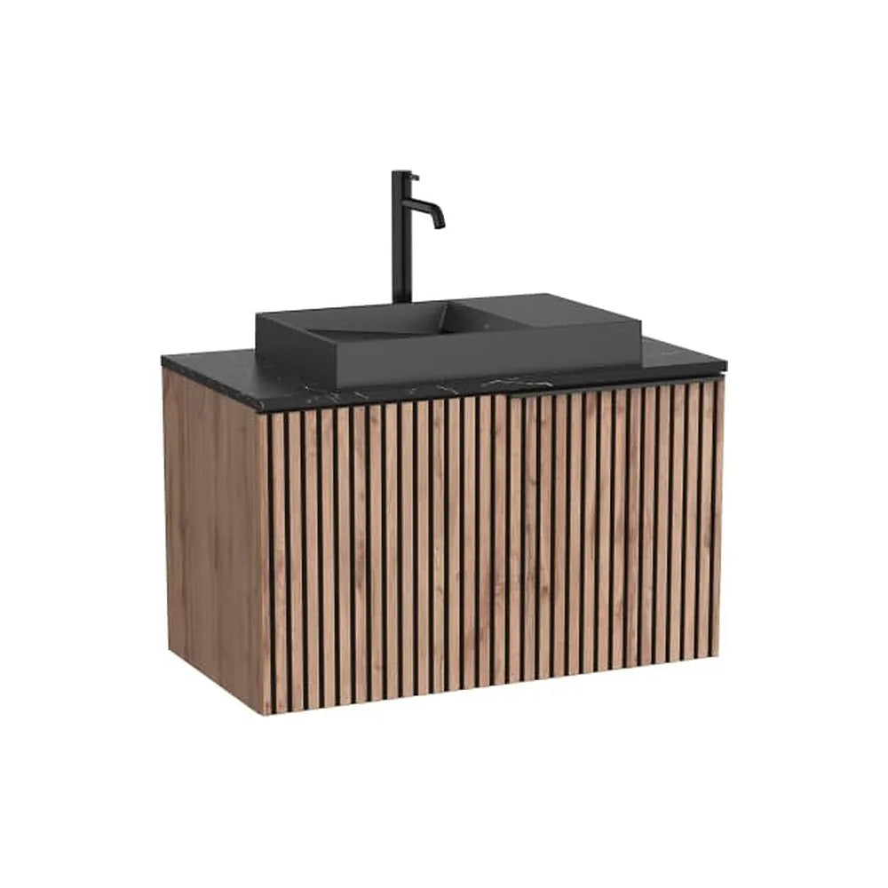 Mueble base suspendido con cajón encimera marmoleada negra lavabo sobre encimera sin orificio Roca - Vista 1