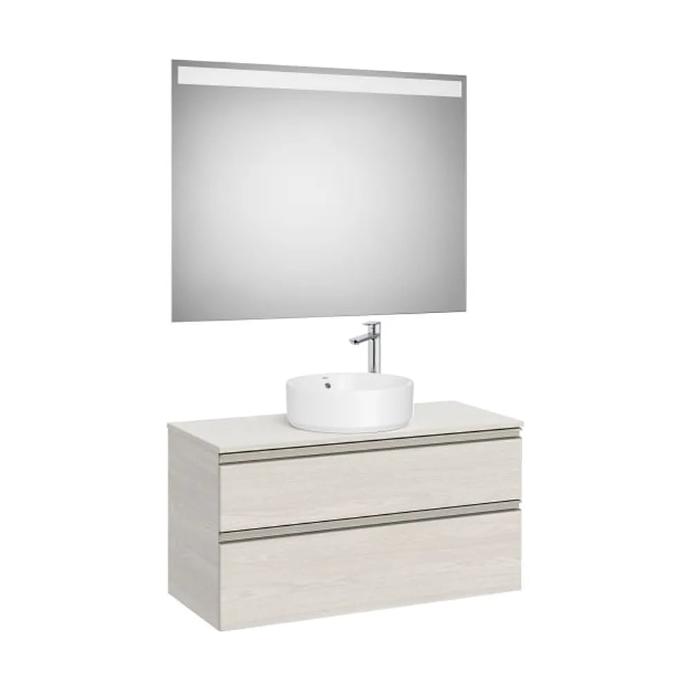 Pack mueble base dos cajones lavabo sobre encimera centro espejo LED 100x46x54 cm Roca - Vista 1