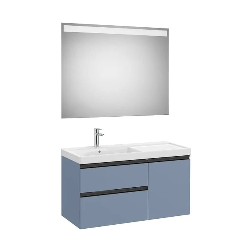 Pack mueble base asimétrico dos cajones una puerta lavabo plus izquierda espejo LED Roca - Vista 1