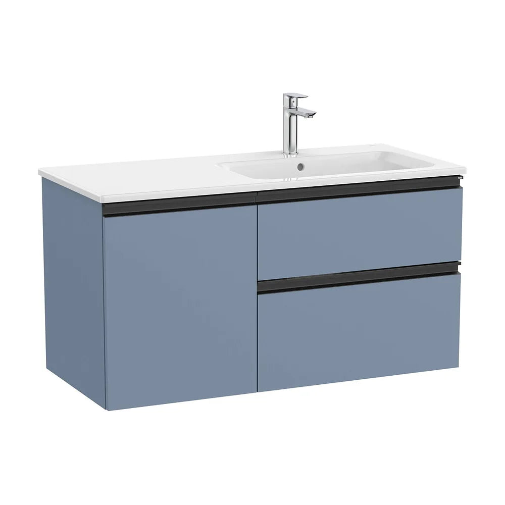 Mueble base asimétrico 100x46x53 cm con lavabo a la derecha dos cajones y puerta azul mate Roca - Vista 2