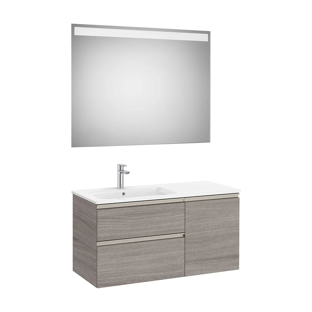 Pack mueble base asimétrico dos cajones una puerta lavabo izquierda espejo LED 100x46x53 cm Roca - Vista 2