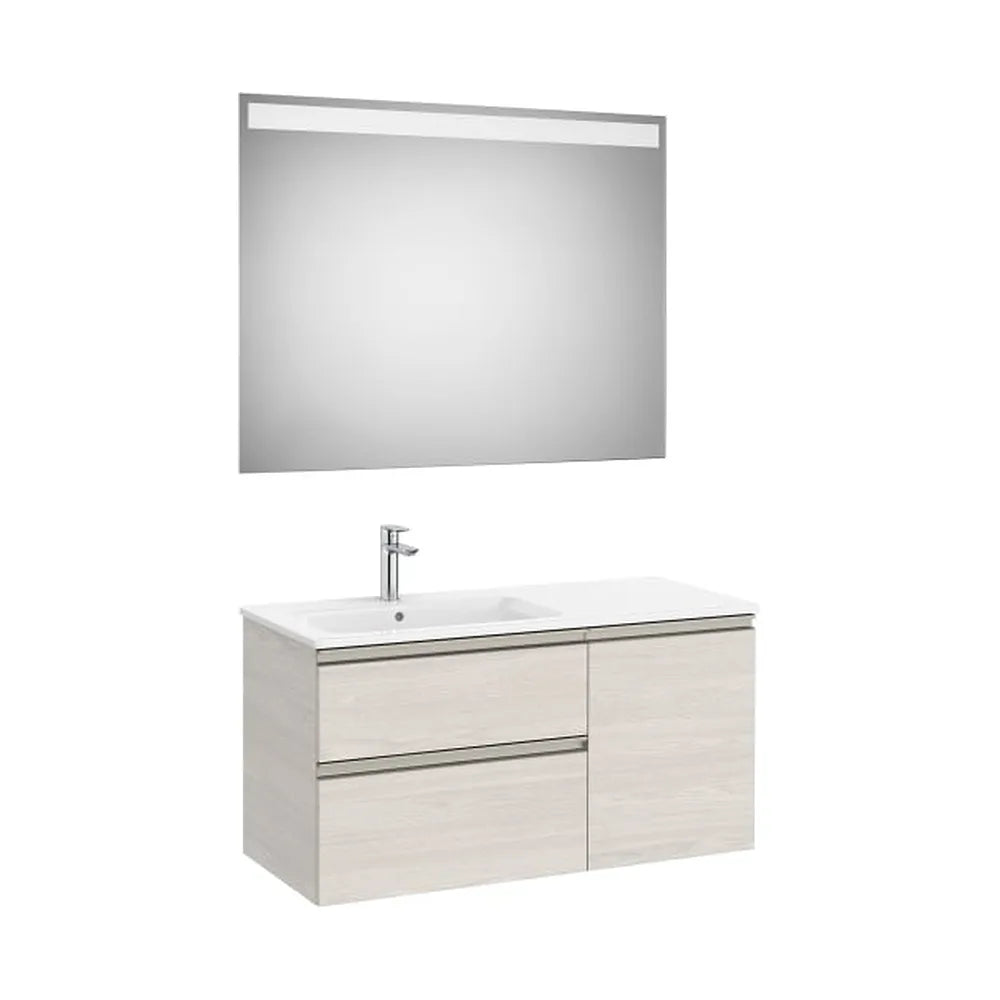 Mueble Base Asimétrico 2 Cajones Una Puerta Lavabo Izquierda Espejo Led 100x46x53cm Colección Eidos Roca - Vista 1