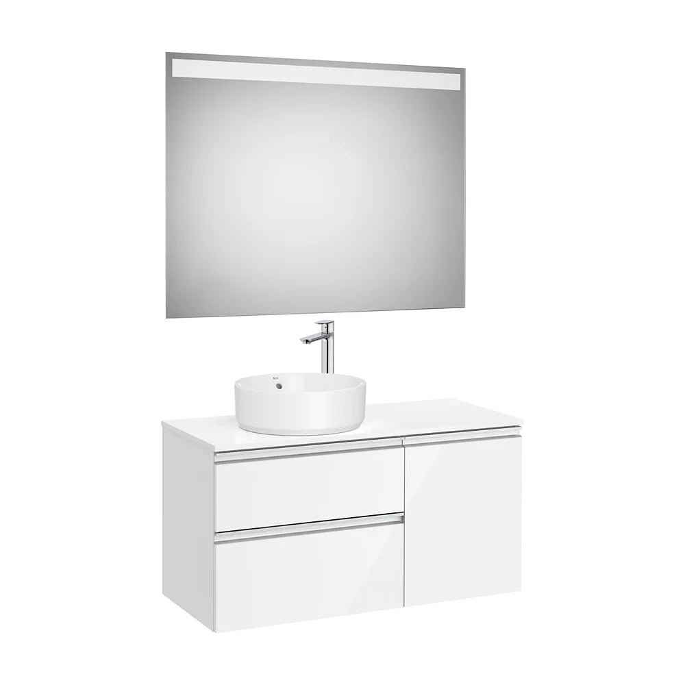 Mueble Base Asimétrico 2 Cajones Una Puerta Lavabo Sobre Encimera Izquierda Espejo Led Colección The Gap Roca - Vista 2