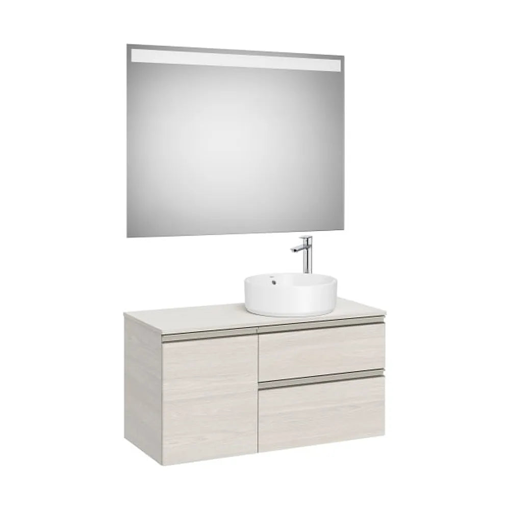 Pack mueble base con dos cajones y una puerta para lavabo sobre encimera derecha y espejo LED Roca - Vista 1