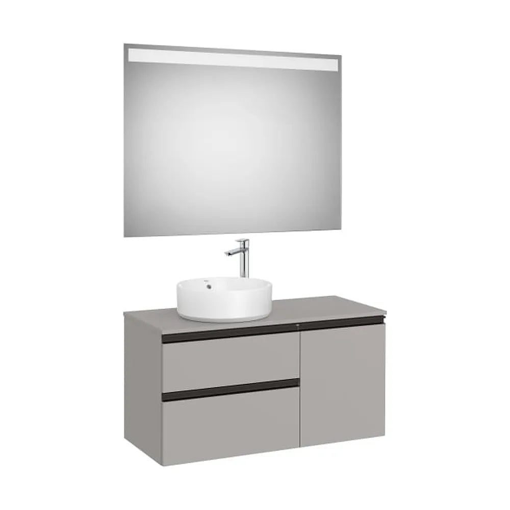 Pack mueble base asimétrico dos cajones una puerta lavabo sobre encimera izquierda espejo LED Roca - Vista 1