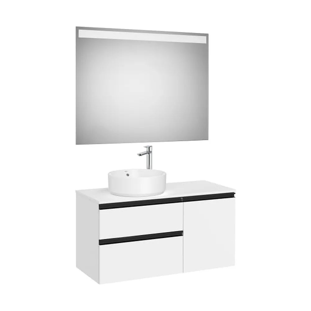 Pack mueble base asimétrico dos cajones una puerta lavabo sobre encimera izquierda espejo LED Roca - Vista 1