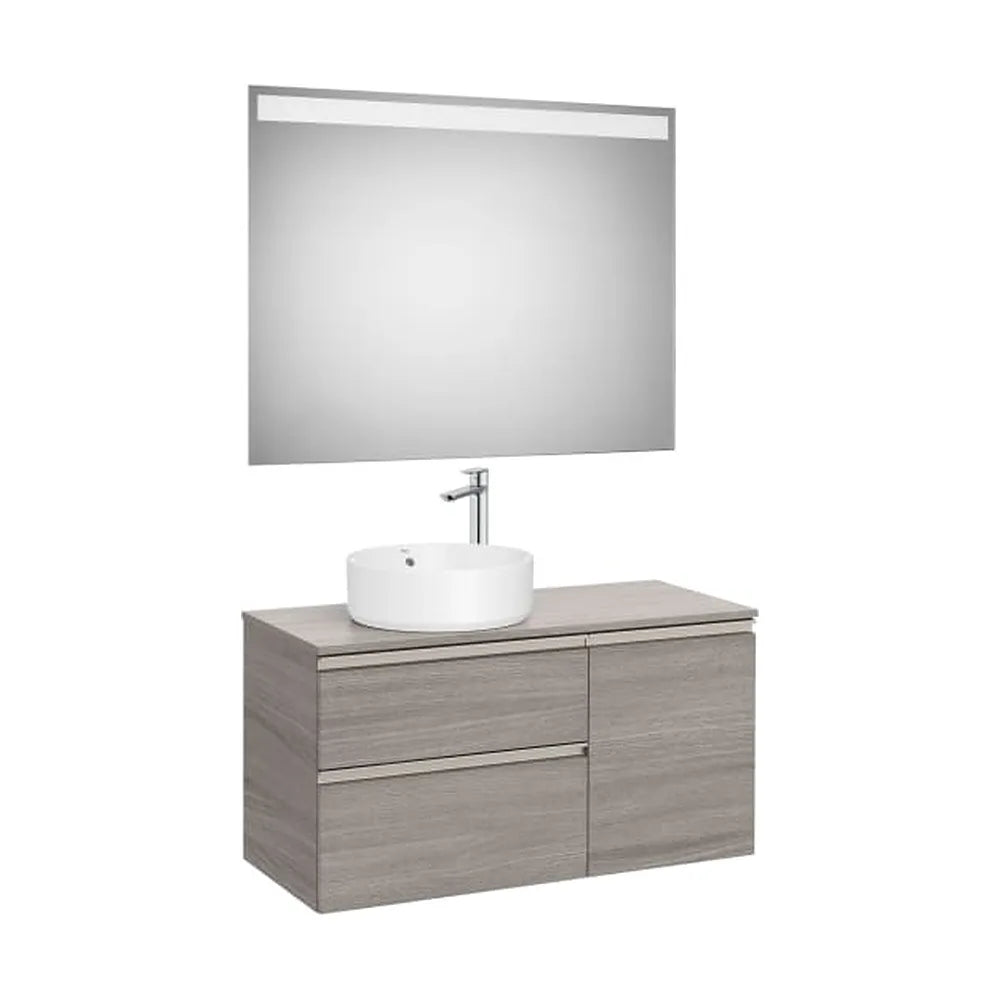 Pack mueble base asimétrico dos cajones una puerta lavabo sobre encimera izquierda espejo LED 100x46x54 cm Roca - Vista 1