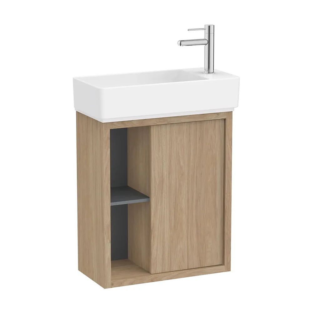 Mueble base asimétrico compacto 55x27x60 cm con lavabo suspendido color olmo claro Roca - Vista 2